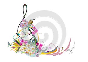 Abstract treble clef decorated with summer and spring flowers, palm leaves, notes, birds.